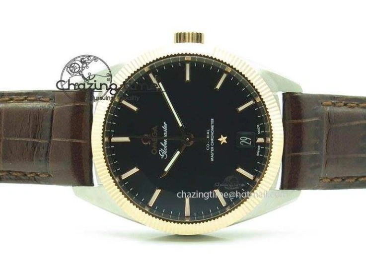 0214 Sporty Globemaster Master Chronometer SS RG V6F Best Edition Black Dial On Brown Leather Strap A 8270